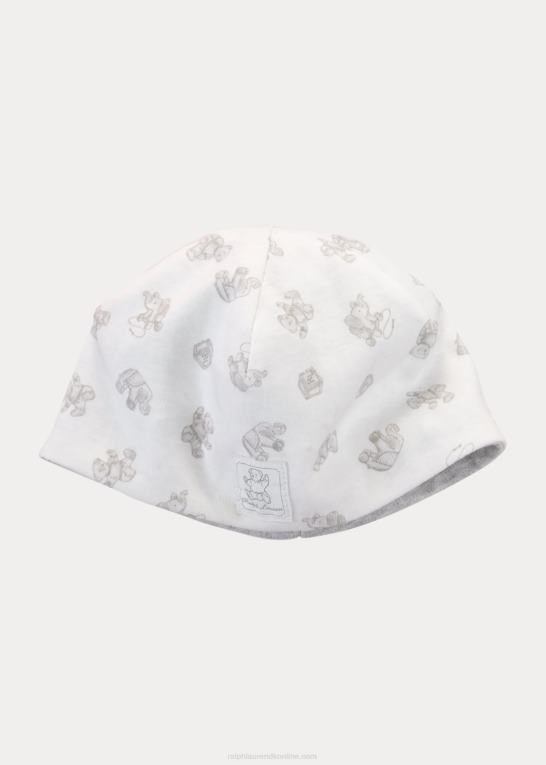 papir hvid multi baby Ralph Lauren vendbar bomuldsbeanie med bjørnetryk Z426B8026