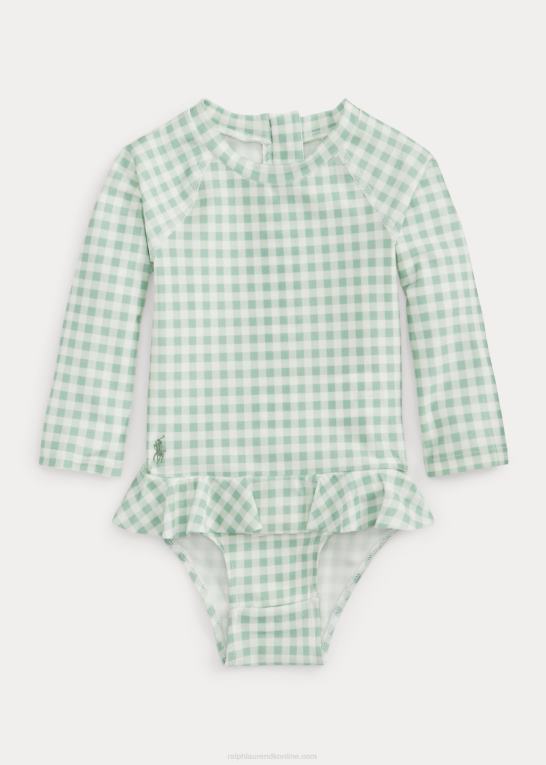 falmet mynte baby Ralph Lauren gingham pjusket udslætsbeskyttelse i ét stykke Z426B7948