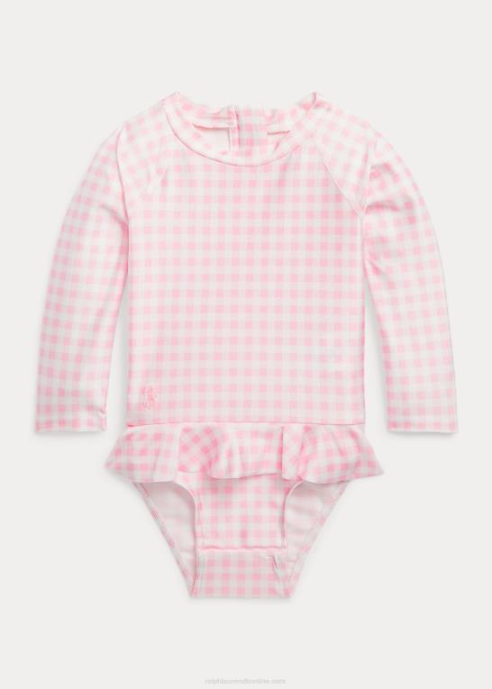 karmel pink baby Ralph Lauren gingham pjusket udslætsbeskyttelse i ét stykke Z426B7949