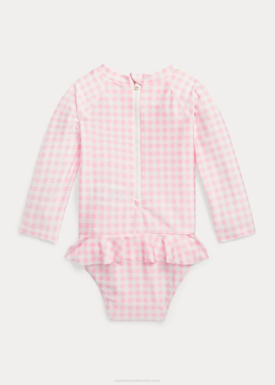 karmel pink baby Ralph Lauren gingham pjusket udslætsbeskyttelse i ét stykke Z426B7949
