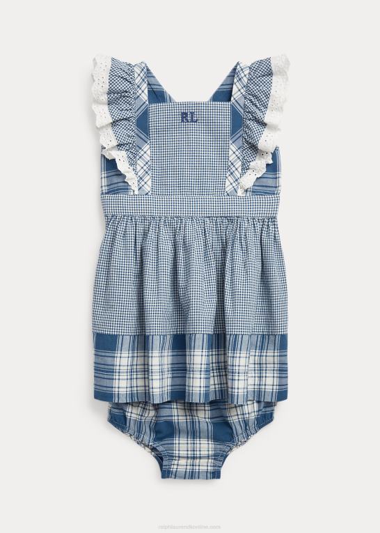 dækvask hvid/blå baby Ralph Lauren Madras kjole og bloomer i plaid bomuld Z426B10030