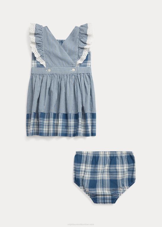 dækvask hvid/blå baby Ralph Lauren Madras kjole og bloomer i plaid bomuld Z426B10030