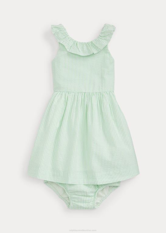 grøn/hvid baby Ralph Lauren flæsende seersucker kjole & bloomer Z426B8245