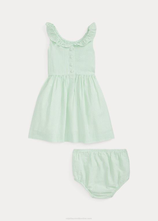 grøn/hvid baby Ralph Lauren flæsende seersucker kjole & bloomer Z426B8245