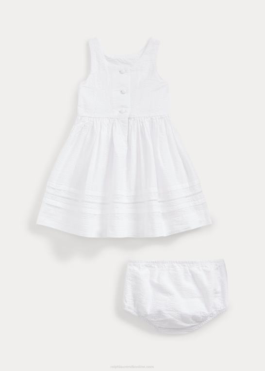 hvid baby Ralph Lauren bomuld seersucker kjole og bloomer Z426B8241