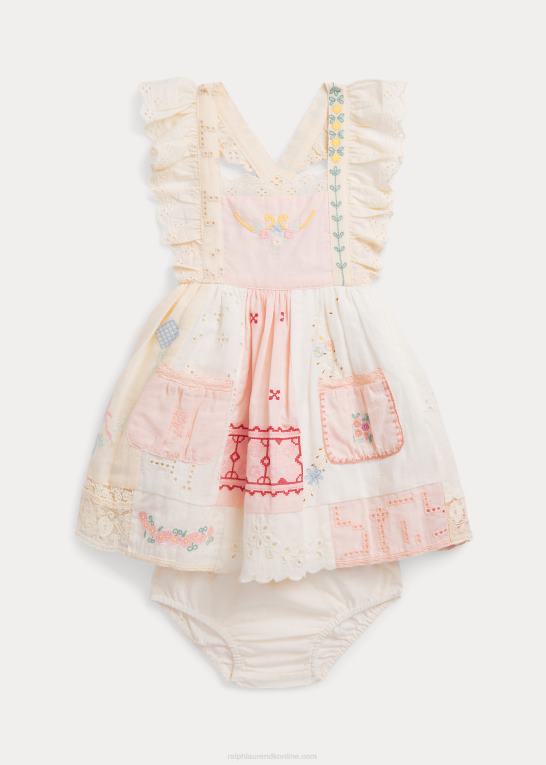 hvid multi baby Ralph Lauren patchwork kjole og bloomer i bomuldsblanding Z426B10032