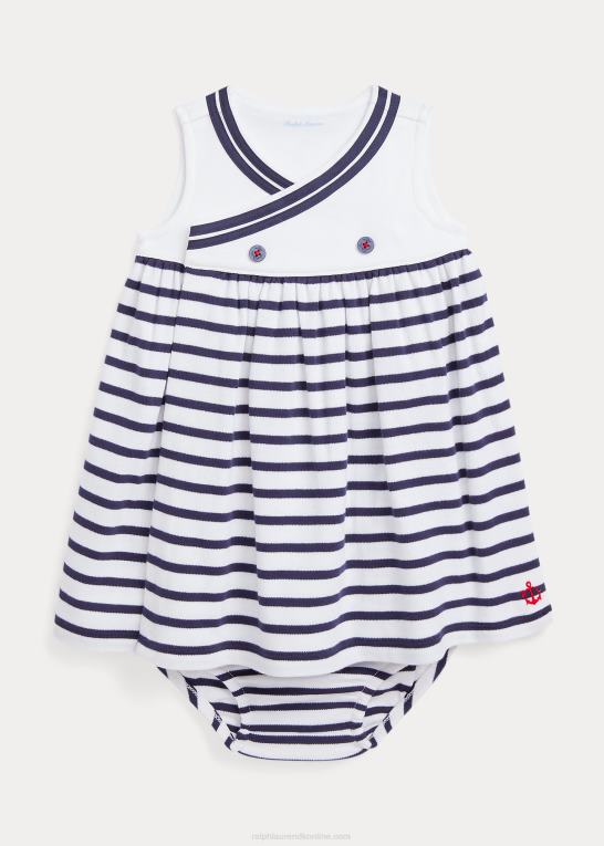 hvid multi baby Ralph Lauren stribet slå-om-kjole og bloomer i bomuld Z426B7863
