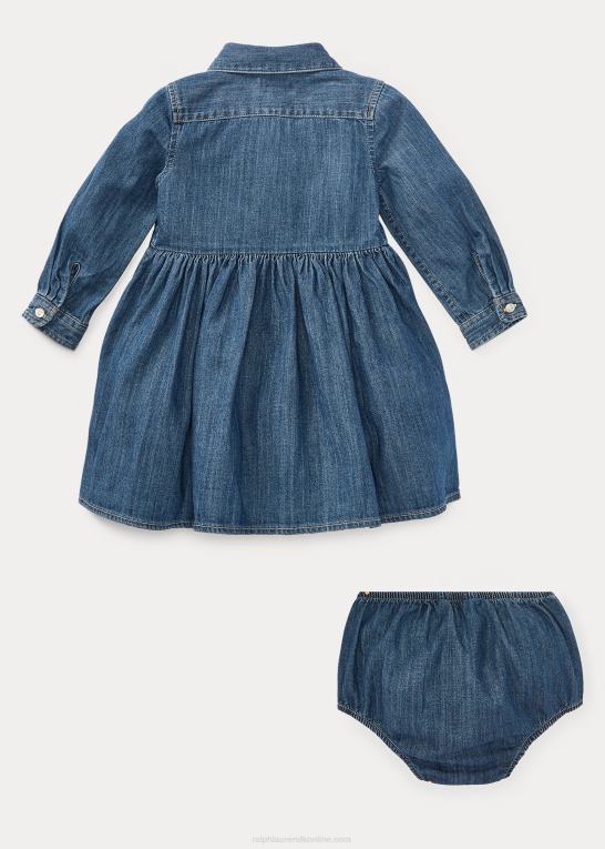 indigo blå baby Ralph Lauren rynket denim skjortekjole & bloomer Z426B7852