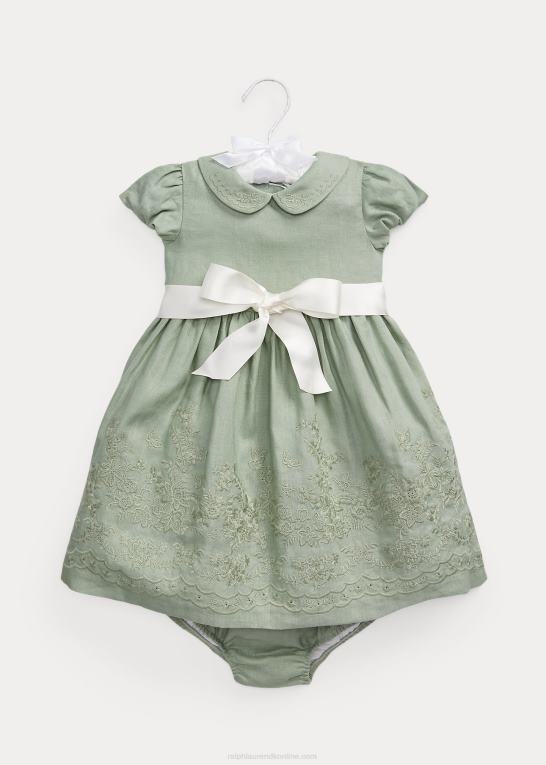 lysegrøn baby Ralph Lauren broderet hør kjole & bloomer Z426B10034