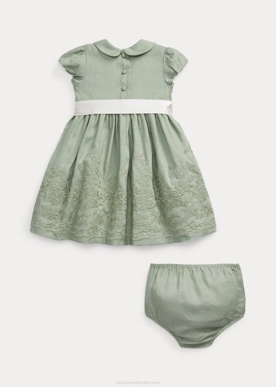 lysegrøn baby Ralph Lauren broderet hør kjole & bloomer Z426B10034