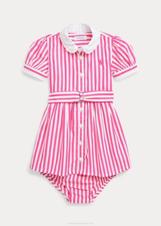 lyserød/hvid baby Ralph Lauren skjortekjole og bloomer i bomuld med bælte Z426B8226
