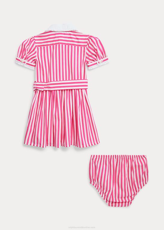 lyserød/hvid baby Ralph Lauren skjortekjole og bloomer i bomuld med bælte Z426B8226
