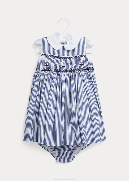 marineblå/hvid baby Ralph Lauren sejlbådspoplinkjole og bloomer i bomuld Z426B7867