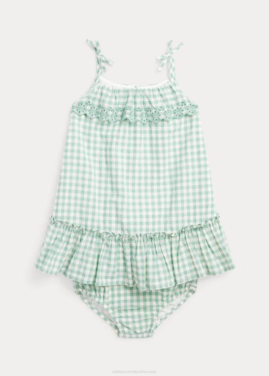 mint/hvid baby Ralph Lauren madras kjole og bloomer i gingham bomuld Z426B10031