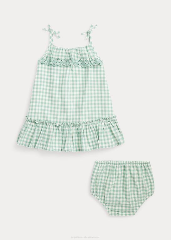 mint/hvid baby Ralph Lauren madras kjole og bloomer i gingham bomuld Z426B10031