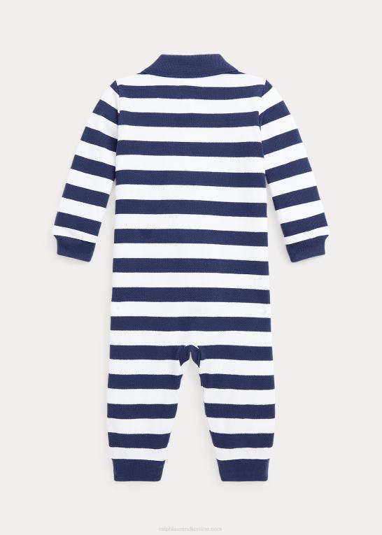 rustik marineblå/hvid baby Ralph Lauren stribet polooverall i bomuldsnet Z426B8168