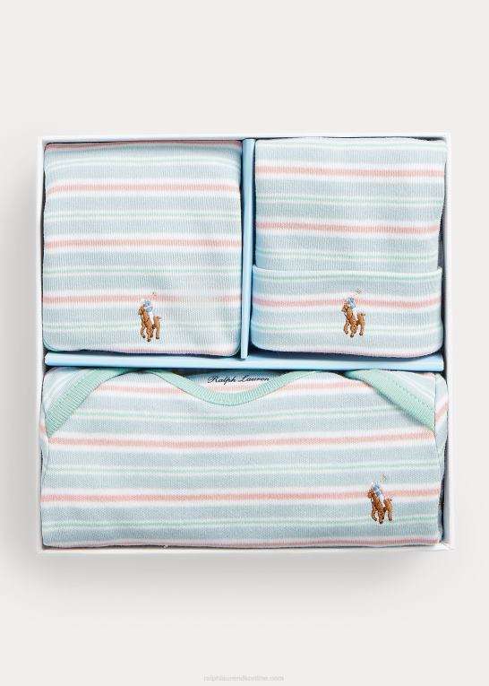 alpeblå multi baby Ralph Lauren stribet bomuld 4-delt gavesæt Z426B7828