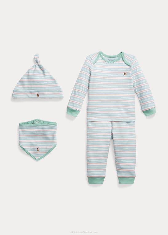 alpeblå multi baby Ralph Lauren stribet bomuld 4-delt gavesæt Z426B7828