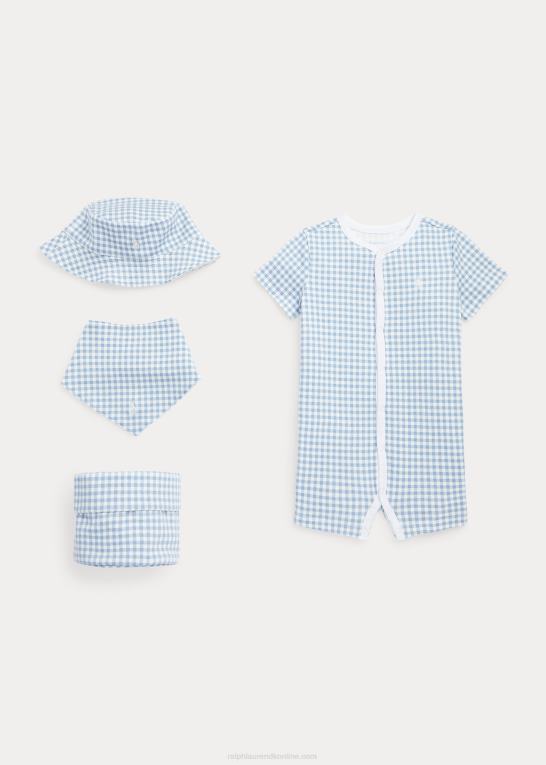blå gingham baby Ralph Lauren bomuld interlock 4-delt gavesæt Z426B7832