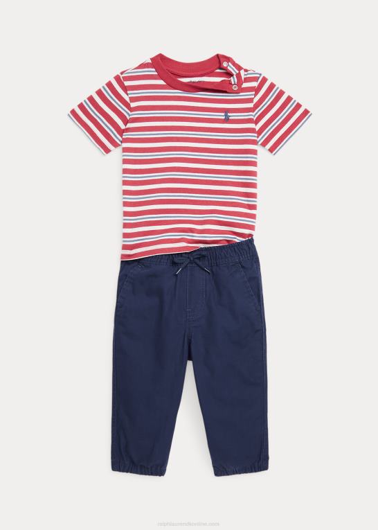 chilipeber multi baby Ralph Lauren stribet bomulds-t-shirt og poplin-buksesæt Z426B8213