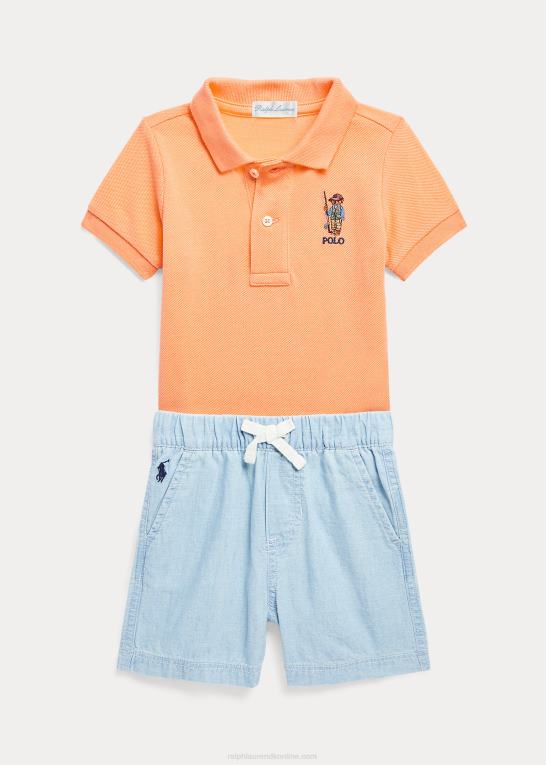fair orange/chambray baby Ralph Lauren polo bear bomuld poloshirt & kort sæt Z426B7774