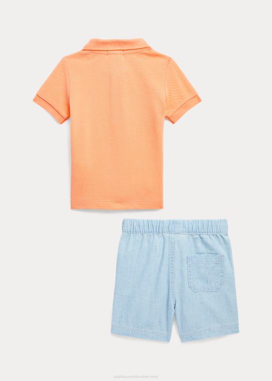 fair orange/chambray baby Ralph Lauren polo bear bomuld poloshirt & kort sæt Z426B7774