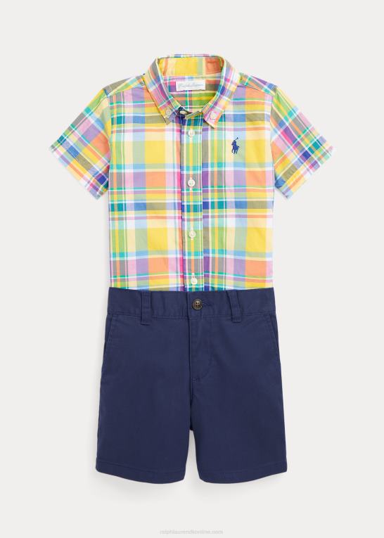 gul/grøn multi baby Ralph Lauren plaid poplin skjorte & chino kort sæt Z426B8183