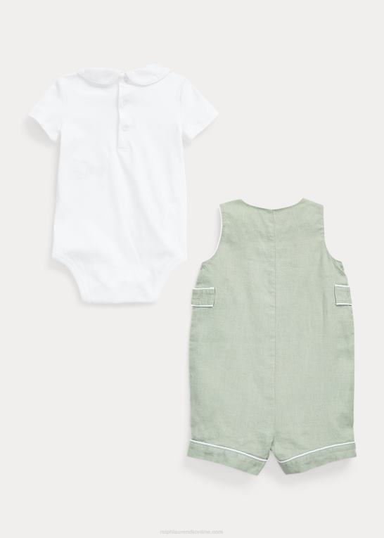 lysegrøn/hvid baby Ralph Lauren bomulds bodysuit & hør overallssæt Z426B7805