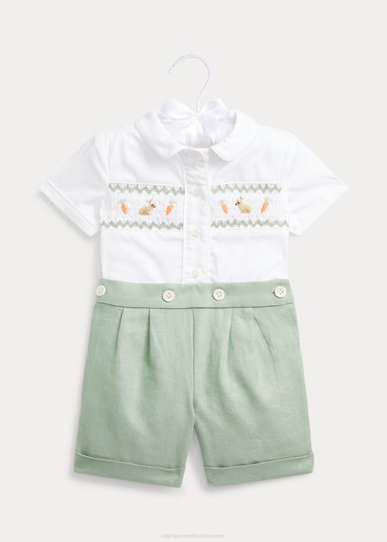 lysegrøn/hvid baby Ralph Lauren smocket bomuldsskjorte & kort sæt i hør Z426B7808