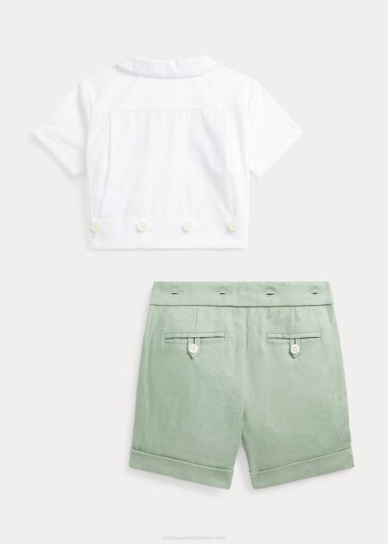 lysegrøn/hvid baby Ralph Lauren smocket bomuldsskjorte & kort sæt i hør Z426B7808