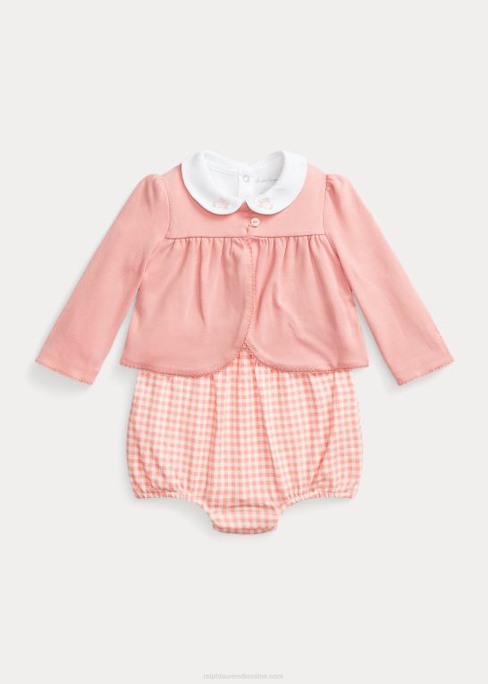 lyserød gingham baby Ralph Lauren bodysuit cardigan & shortall sæt Z426B7777
