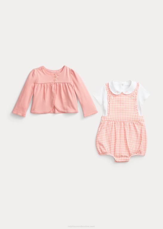 lyserød gingham baby Ralph Lauren bodysuit cardigan & shortall sæt Z426B7777