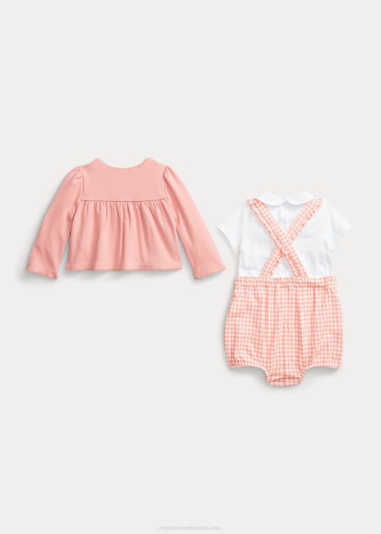 lyserød gingham baby Ralph Lauren bodysuit cardigan & shortall sæt Z426B7777