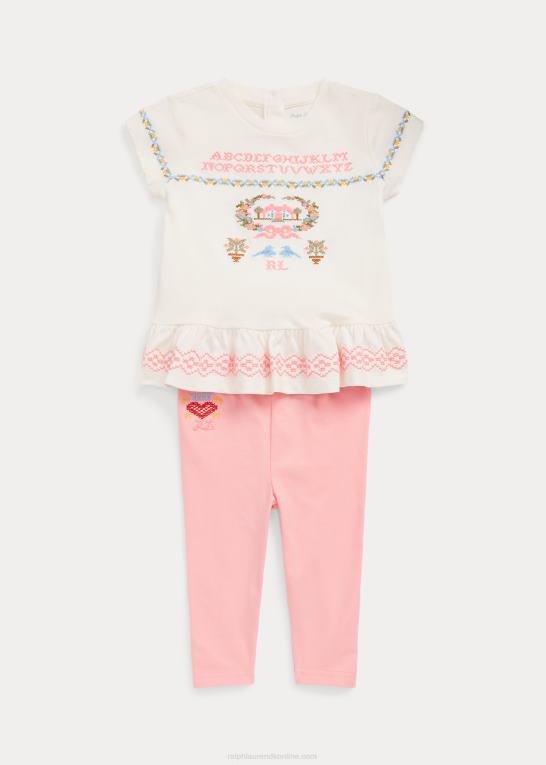 lyserødt sand/nevis baby Ralph Lauren broderet jersey-t-shirt & leggingssæt Z426B8203