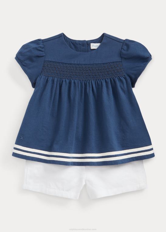 marineblå/hvid baby Ralph Lauren smocket jersey top & kort sæt i hør Z426B8192