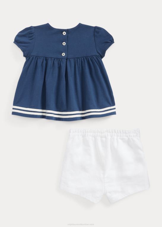marineblå/hvid baby Ralph Lauren smocket jersey top & kort sæt i hør Z426B8192