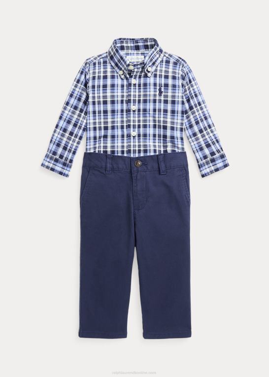marineblå multi baby Ralph Lauren plaid poplin skjorte & chino buksesæt Z426B8211