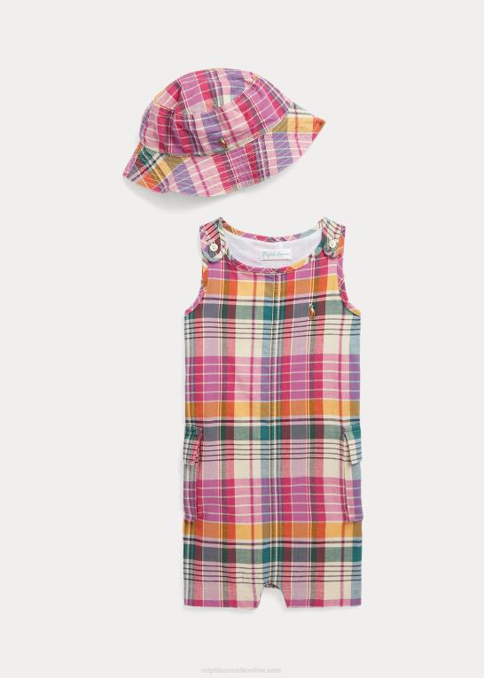 pink/creme multi baby Ralph Lauren indigo bomuld madras shorts & hat sæt Z426B7827