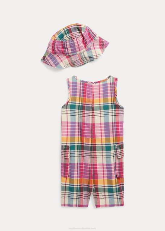 pink/creme multi baby Ralph Lauren indigo bomuld madras shorts & hat sæt Z426B7827