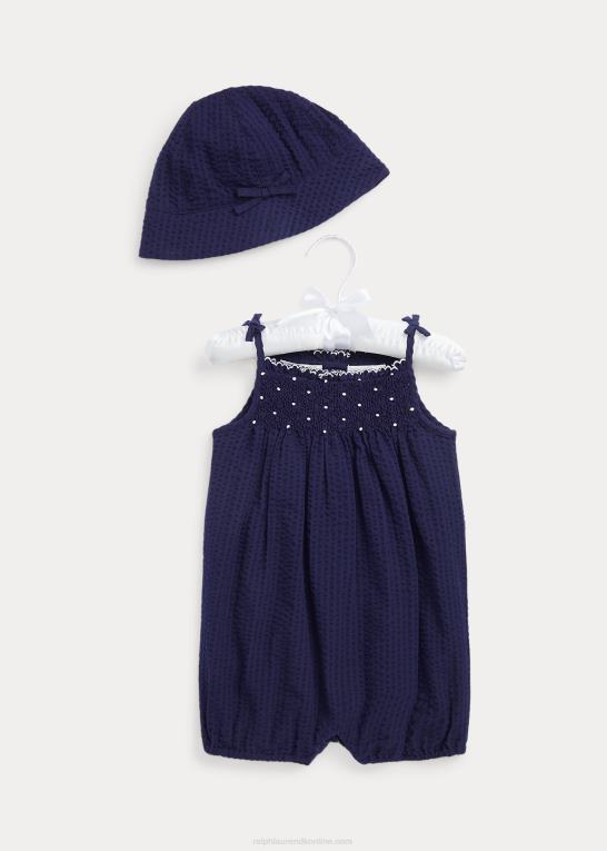 raffineret flåde baby Ralph Lauren seersucker boble shorts & hat sæt Z426B7803