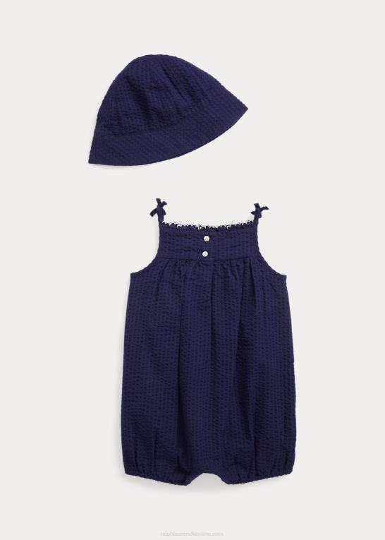 raffineret flåde baby Ralph Lauren seersucker boble shorts & hat sæt Z426B7803