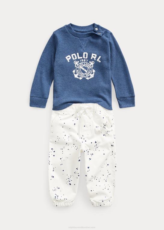 rustik marine lyng baby Ralph Lauren vaffelstrikket logo-t-shirt og ripstop-buksesæt Z426B8208