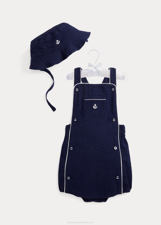 raffineret flåde baby Ralph Lauren bomuld seersucker shortall & hat sæt Z426B7690