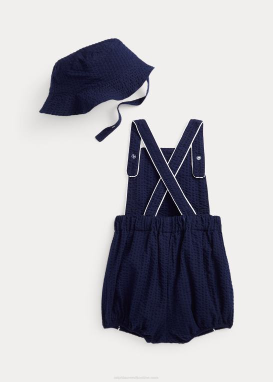 raffineret flåde baby Ralph Lauren bomuld seersucker shortall & hat sæt Z426B7690