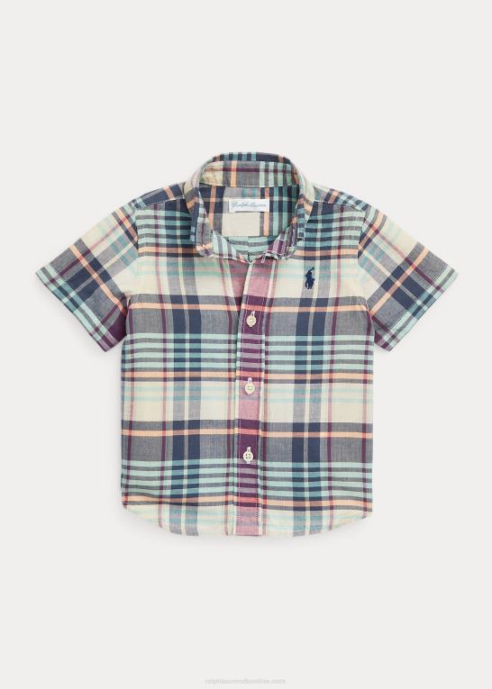 creme/marine multi baby Ralph Lauren indigo bomuld madras kortærmet skjorte Z426B7888