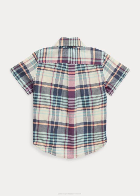 creme/marine multi baby Ralph Lauren indigo bomuld madras kortærmet skjorte Z426B7888
