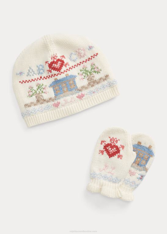 klubhuscreme børn Ralph Lauren fair isle bomulds-hat & vantesæt Z426B7463
