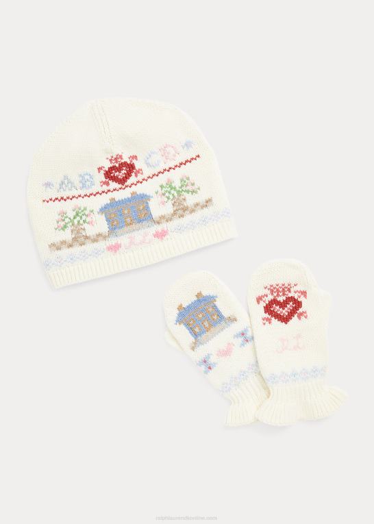 klubhuscreme børn Ralph Lauren fair isle bomulds-hat & vantesæt Z426B7630