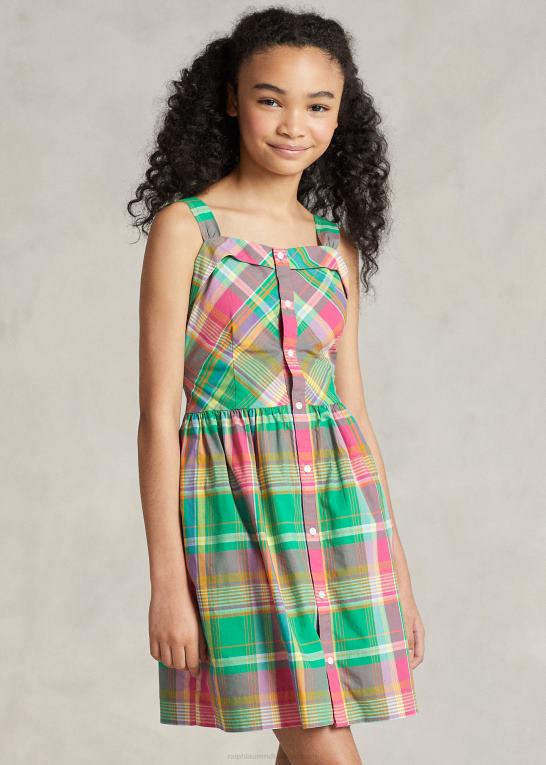 grøn/pink børn Ralph Lauren plaid poplin kjole i bomuld Z426B7491