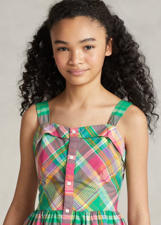 grøn/pink børn Ralph Lauren plaid poplin kjole i bomuld Z426B7491